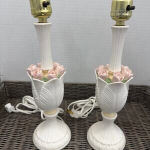 Vintage Porcelain Pink Raised Rosebud Bouquet Boudoir Table Lamps Set Japan 13"